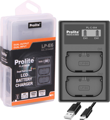 Prolite Dual LCD Charger for Canon LP-E6 / LP-E6N / LP-E6NH Camera Li-ion Batteries |  Camera Battery Charger(Black)