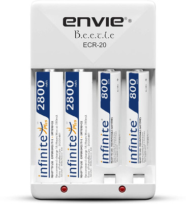 Envie High Speed Wall Plug Charger ECR 20 for AA & AAA Ni-mh/Ni-cd Rechargeable Batteries | 2000MA Output Current | with 2 xAA2800 & 2xAAA800 Rechargeable Batteries (ECR20 2800 800 2PL)  Camera Battery Charger(White)