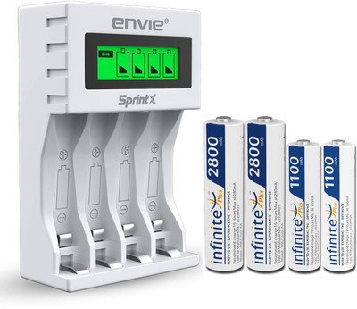 Envie Ultra Fast Charger ECR 11 MC For AA & AAA Ni-mh Rechargeable Batteries With 2xAA2800 & 2AAA1100 Rechargeable Batteries | With Over Charge Protection (ECR 11MC+2800+1100) Camera Battery Charger(White) Envie Ultra Fast Charger ECR 11 MC For AA & AAA Ni-mh Rechargeable Batteries With 2xAA2800 & 2AAA1100 Rechargeable Batteries | With Over Charge Protection (ECR 11MC+2800+1100) Camera Battery Charger(White)