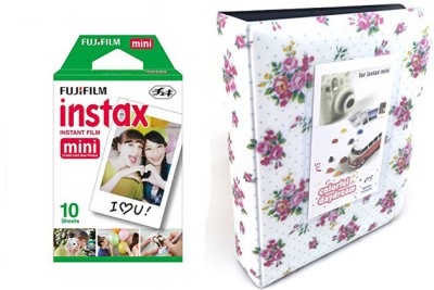 FUJIFILM Instax Mini 10X1 Sheets Instant Film with 64-sheet White Floweralbum for mini Film Roll(Yes 800 ISO Pack of 1)