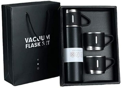 ERcial Store Stainless Steel Vacuum Flask Set with 3 Steel Cups & 1 Water Flask Bottle 500 ml Flask(Pack of 1, Black, Steel)