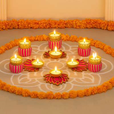 JWELLA 5 Pink Shine Glow Bangle Holders & 4 Lotus Candle Holders with Tea Light Candles Steel Tealight Holder Set(Pink, Gold, White, Pack of 9)