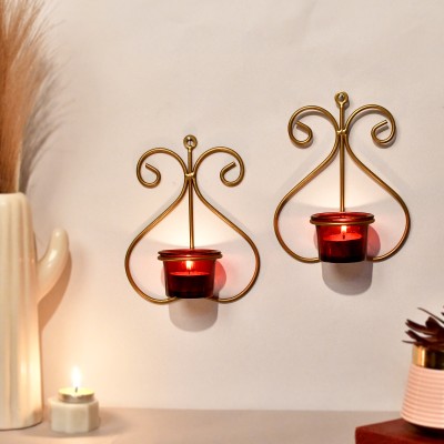 Craftam Wall Hanging Tea Light Candle Stand for Home Décor, Gift and Diwali Festival Iron 2 - Cup Tealight Holder Set(Gold, Pack of 2)