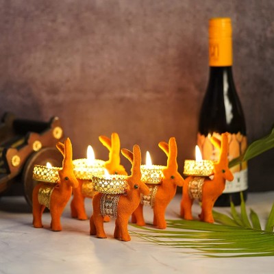 WEBELKART Cute Christmas Reindeer tealight Candle Holder For Christmas Decorations Plastic Tealight Holder Set(Orange, Gold, Pack of 5)