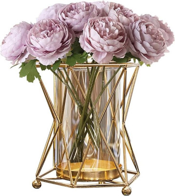 IH HANDICRAFTS Glass Vase, Golden Metal Frame, Flower Arrangement, Hydroponics, Wedding Iron, Glass 1 - Cup Tealight Holder(Gold, Pack of 1)