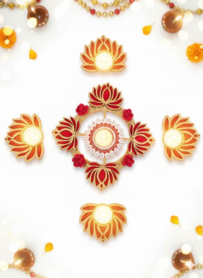 NexaMitra NexaMitra Red Diwali Decorative Lotus diyas Rangoli Wooden Wooden 5 - Cup Tealight Holder Set(Red, Pack of 5)