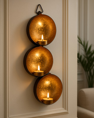 Homesake Wall Hanging Metal Tri-Drop Hanging Candle Holder, Wall Candle Scone Iron 3 - Cup Tealight Holder Set(Copper, Black, Pack of 3)