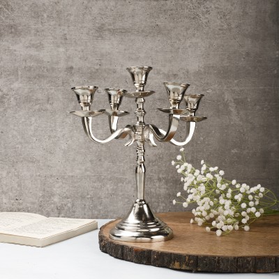 VoiDrop Handmade 5 Arm Candelabra Candle Holders for Home Decor, 11 inch Tall Aluminium Candle Holder(Silver, Pack of 1)