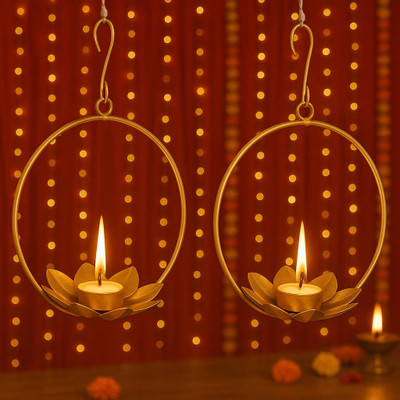 CraftVatika Lotus Tealight Candle Holder Set of 2, Wall Hanging Iron Diya Festive Decor Iron Candle Holder(Gold, Pack of 2)