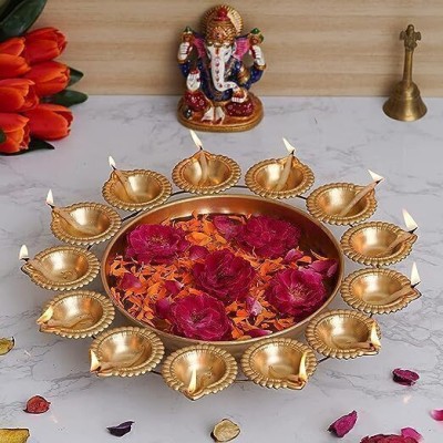 kinzaq Diya Urli Bowl Tealight Holders for Home Diwali Floating Flower Table Pooja Iron, Gold Plated 13 - Cup Tealight Holder Set(Gold, Pack of 1)