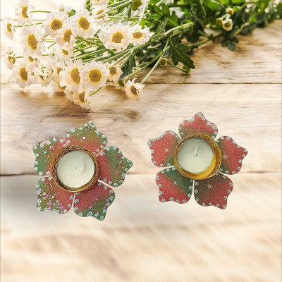 SN Resin TeaLight Holder Lotus Desgin Resin Diya for Home decór, Diwali decór Polyresin Candle Holder(Multicolor, Pack of 2)