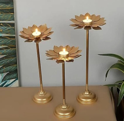 AAN Candle tea light diya holder set of 3 with gold finish Iron 3 - Cup Tealight Holder Set(Gold, Pack of 3)