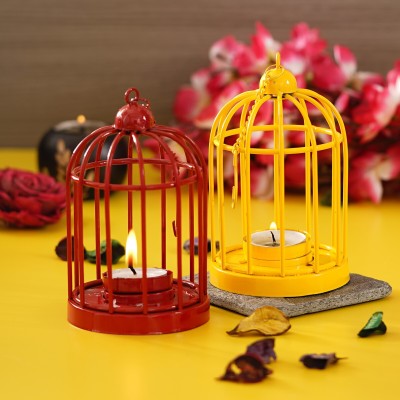 eCraftIndia Pack of 2 Cage Lantern Iron Tealight Holder(Red, Yellow, Pack of 2)