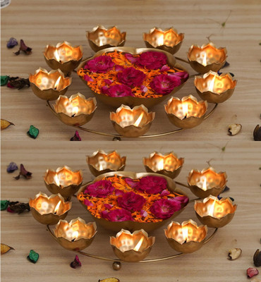 WEBELKART Premium 9 Lotus Diya Shape urli Bowl for Home and Pooja Decorations Iron Tealight Holder Set(Gold, Pack of 2)