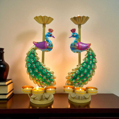 Shree Krishna Gifts And Decor Peacock Tea-Light Holder Pair Iron 4, 4 - Cup Tealight Holder Set(Multicolor, Pack of 2)