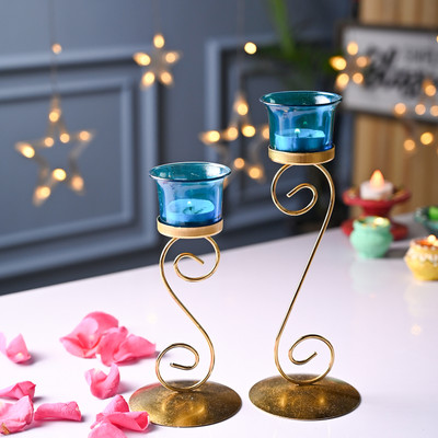 MARKET 99 Votive Leaf T- Lite Holder Set Of 2 | Iron Abstract shape & Blue color Iron Tealight Holder Set(Blue, Pack of 2)