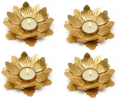 JK CREATION'S Golden Metal Table Lotus Flower Candle Holder T-Light/Tealight Holder Iron Aluminium, Iron Tealight Holder Set(Gold, Pack of 4)