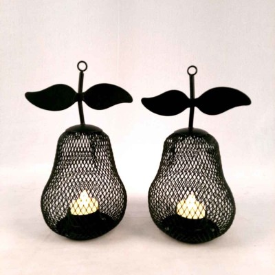 Apkamart Candle Holder Pear Design with LED Candle Lights Iron 2 - Cup Candle Holder(Black, Pack of 2)
