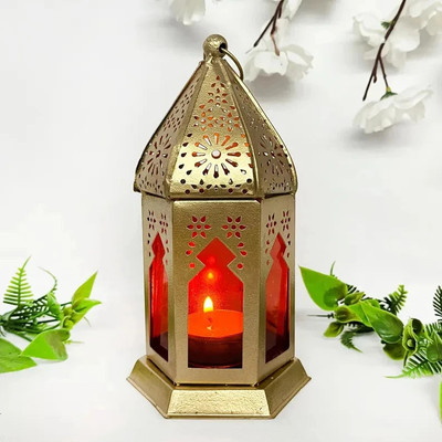 Diwam handicrafts Add some Moroccan flair to your home with this beautifully ornate candle lantern Glass 1 - Cup Tealight Holder(Gold, Pack of 1)