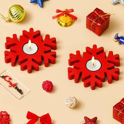 eCraftIndia Wooden Christmas Snowflake Decorative Tea Light Candle Holders (Set of 2 Red) Wooden Tealight Holder(Red, Pack of 2)