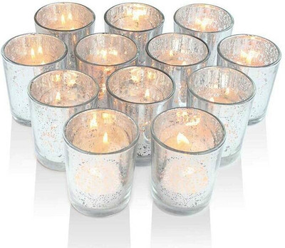 QUACE Glass Tealight Holder Set(Silver, Pack of 6)