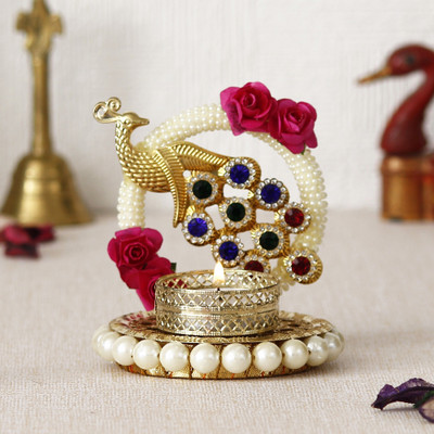 eCraftIndia Metal Peacock With Stones Handcrafted Tea Light Holder Iron Tealight Holder(Multicolor, Pack of 1)