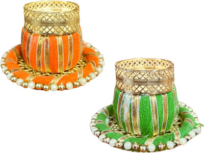 Klassie Stores Dholki Gotapatti Decorative T-Light Candle Holder/Tealight Holder For Décor Brass Tealight Holder Set(Orange, Green, Pack of 2)