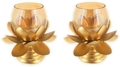 Extreme Karigari Lotus Glass Votive Tea Light Candle Stand on Pendi | Table Top Décor | Puja Article | Diya Gold| Orange Glass Aluminium Tealight Holder Set(Gold, Pack of 1)