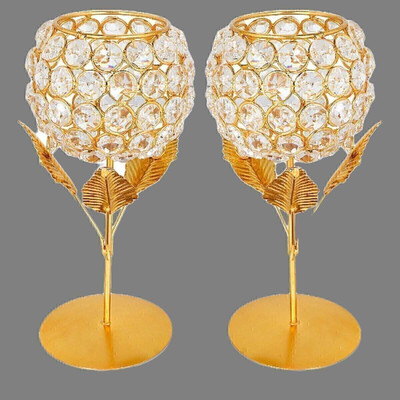 Vooy Valentine's Day Gifts Gold Plated Crystal Gift items for wedding Brass 2 - Cup Candle Holder Set(Gold, Pack of 2)