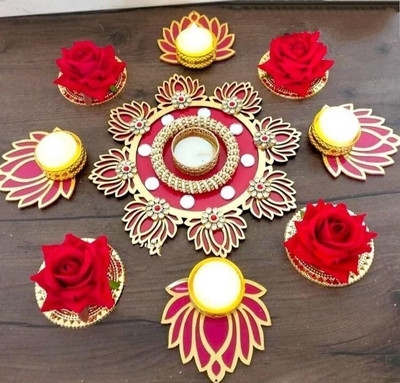 Nutts Rangoli Set MDF Lotus Tea Light Holder Home Temple Decorations for Diwali Wool 9 - Cup Tealight Holder Set(Multicolor, Pack of 1)