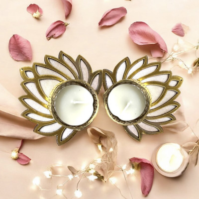 THE COZY STORE Decorative Diya Stand for Festivals, Pooja & Home Décor | Perfect for Gifting Stainless Steel 2 - Cup Tealight Holder Set(White, Pack of 2)