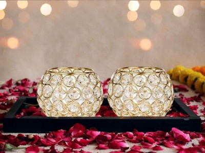 Inspiration World candle holder and tealight votive for home decor & Table top showpiece Glass, Wooden 2 - Cup Candle Holder Set(Gold, Pack of 1)