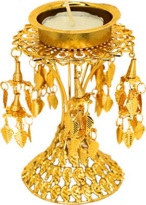 JWELLA Decorative Metal Tealight Holder for Diwali, Weddings, Pooja & Home Décor Steel Candle Holder(Gold, White, Pack of 1)