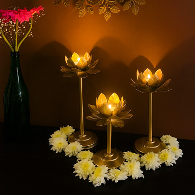 Easyera Golden Iron Table Lotus Flower T-light /Tealight Holder Diwali Diya Iron 3 - Cup Tealight Holder Set(Gold, Pack of 3)