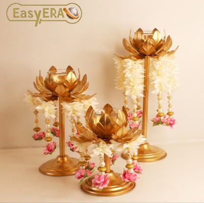 Easyera Beautiful Set of 3 Iron Style Tealight Candle Holder for Home Decoration Diwali Iron 3 - Cup Tealight Holder Set(Gold, Pack of 3)