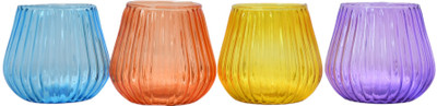 HB Overseas Artisanal Design Round Plain Glass Tea Light Holder in Assorted Color Glass Tealight Holder Set(Multicolor, Pack of 4)