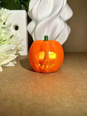 Vinki Halloween Pumpkin Tea Light Holder–5Hx7Wx7D cm LED Jack-O’-Lantern Candle Decor Plastic 1 - Cup Tealight Holder(Orange, Green, Pack of 1)