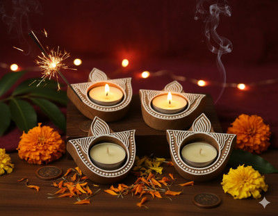 Onearth Reusable Tea Light Holders | Handmade Decorative Candle Holders Wooden 2 - Cup Candle Holder Set(White, Brown, Pack of 2)