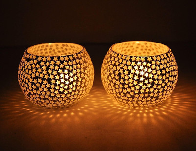 TIED RIBBONS Decorative Set Of 2 Tlight Candle Holder For Diwali Home Decoration Glass 2 - Cup Tealight Holder Set(White, Pack of 2)