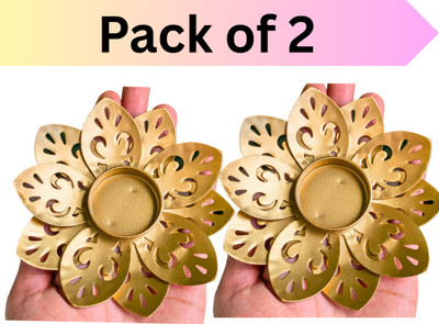 Cozzy Dera Antique Gold Lotus Tealight Candle Holder /Decorative Flower Diya, Table Diya Cast Iron 1 - Cup Tealight Holder(Gold, Pack of 2)