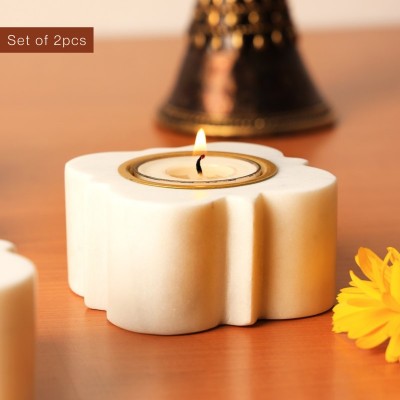 AGROMOMMY Blossom Marble, Brass 2 - Cup Tealight Holder Set(White, Gold, Pack of 2)