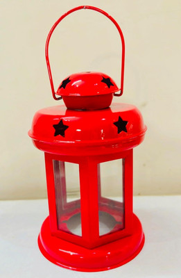 future today media group Metal Tealight Lantern with Multi-Colour Glass Panels, Hanging Candle Holder Iron Candle Holder Set(Red, Yellow, Pack of 2)