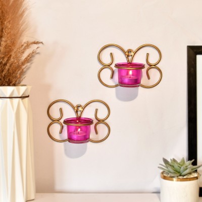Craftam Metal Wall Hanging for Home Décor, Gift and Diwali Festival Decoration Iron 2 - Cup Tealight Holder Set(Gold, Pack of 2)