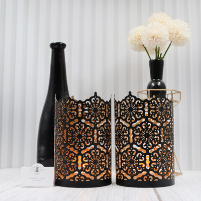Hosley Iron 2 - Cup Tealight Holder Set(Gold, Black, Pack of 2)