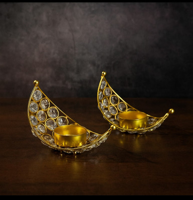 THE BIBRASS l Crystal Tealight Candle Holder Set of 2 candle holder for Home Décor, Iron 1 - Cup Tealight Holder Set(Gold, Pack of 2)