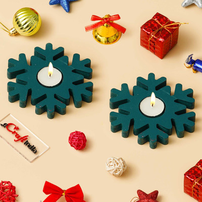 eCraftIndia Wooden Christmas Snowflake Decorative Tea Light Candle Holders (Set of 2 Green) Wooden Tealight Holder(Green, Pack of 2)