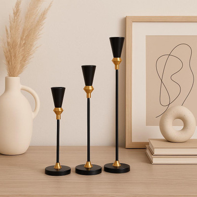 DEAROW 3Modern Metal Taper Candle Holders–Black & Gold Decorative Candle Stand for Home Iron 1 - Cup Candle Holder(Gold, Pack of 3)