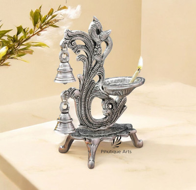 PihutiqueArt Silver Peacock Design Diya with Bell for Puja Room | Oil Lamp for Home Temple Brass Candle Holder(Silver, Pack of 1)