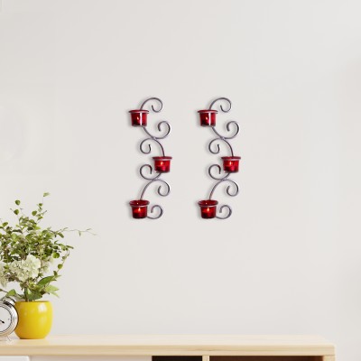 Hosley Metal Red & Clear Glass Wall Sconce Holder|Perfect for Home Decor Iron Tealight Holder(Silver, Pack of 2)