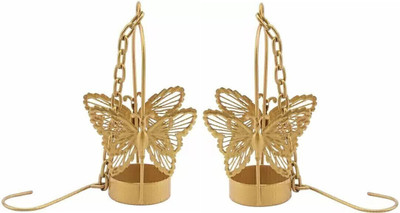 Qtsy Beautiful Handcrafted Metal Butterfly Shape Wall Hanging Tealight Candle Holder Brass Tealight Holder For Home & Balcony Brass Tealight Holder Set(Gold, Pack of 2)